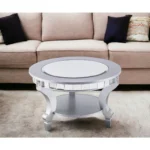 Silver mirrored round coffee table with metal frame in living room - Goldoma 29 inch round mirrored coffee table
