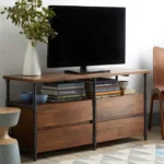 Mid century tv stand with solid wood construction and storage shelves in a modern living room