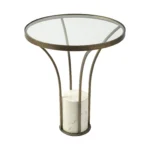Goldoma 24-inch round black and white glass end table with metal frame, modern glass end table for living room
