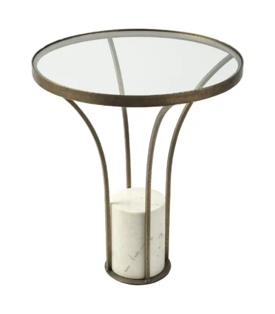 Goldoma 24-inch round black and white glass end table with metal frame, modern glass end table for living room