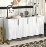 Modern solid wood dining room buffet with four doors and metal handles in a stylish home setting