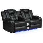 Goldoma power reclining corner sofa set with LED lights in black faux leather