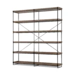 Goldoma industrial 5-tier bookcase 88 inches tall with black iron frame and brown wood shelves, in a living room