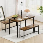 Goldoma space-saving dining table set for 4 with two rustic brown benches and black steel frame in a farmhouse kitchen