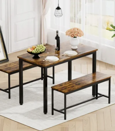 Goldoma space-saving dining table set for 4 with two rustic brown benches and black steel frame in a farmhouse kitchen