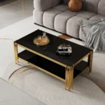 Goldoma double layer tempered glass coffee table with gold stainless steel frame in modern living room