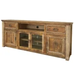 Large TV media console - Goldoma 80-inch brown distressed TV stand with solid pine wood, enclosed storage, and cable management for rustic living room