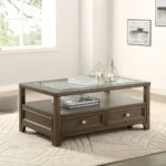 Goldoma brown adjustable console table with marble inset top and drawers in a modern living room setting