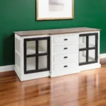 Goldoma 75 inch solid wood sideboard with 4 drawers and glass doors in distressed brown finish