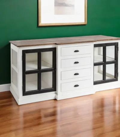 Goldoma 75 inch solid wood sideboard with 4 drawers and glass doors in distressed brown finish