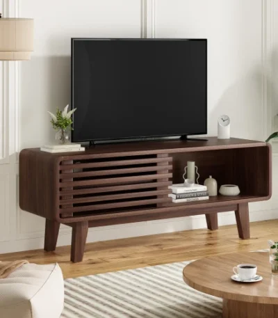 Goldoma mid-century TV stand for TVs up to 59 inches with sliding storage cabinet in walnut and black finish