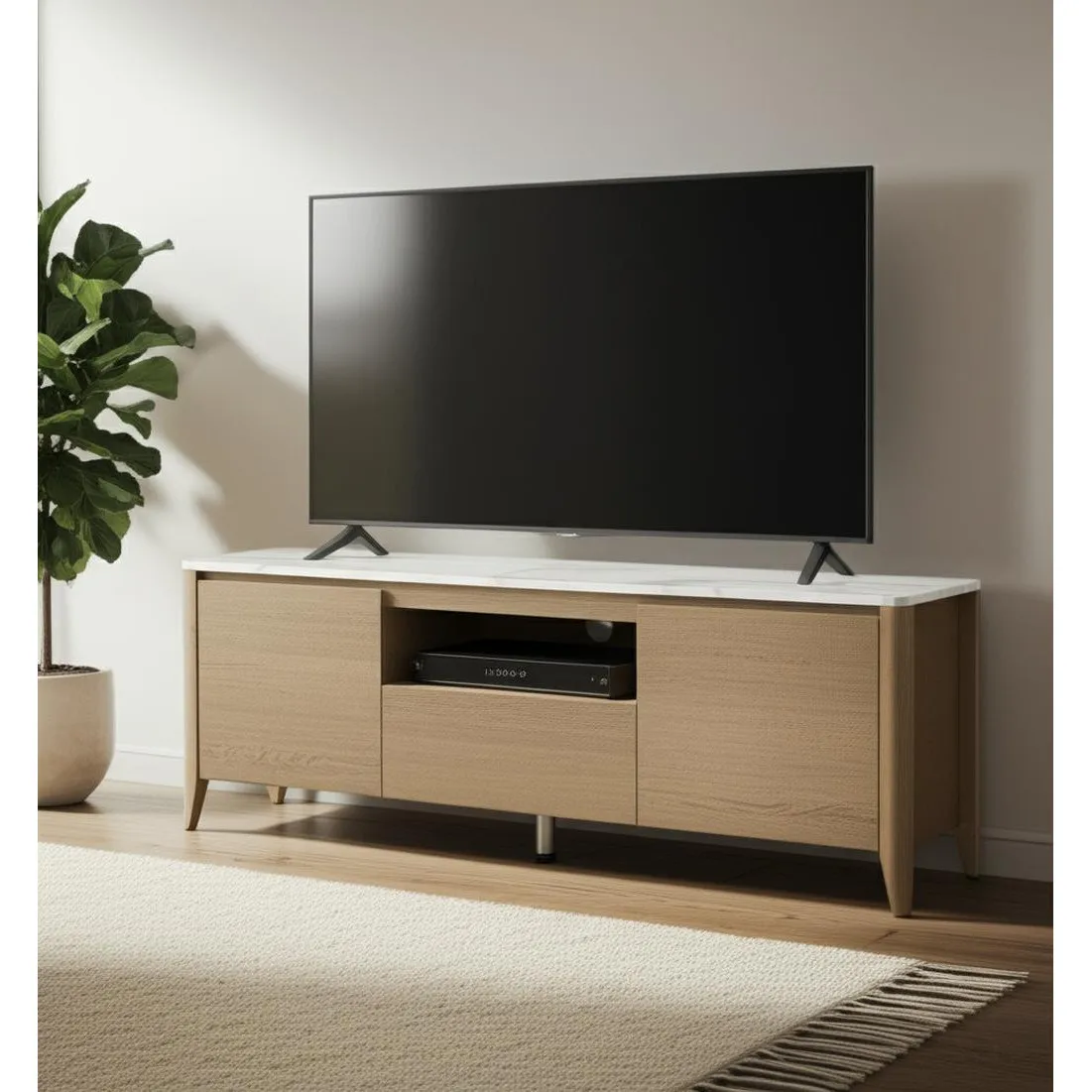H8e16e1a94a8246f9aa8362a5e991048e0.webp Goldoma 58-inch faux marble TV stand with wooden cabinets and open shelves for storage