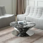 Goldoma modern marbling wood coffee table with round wood top and stainless steel base in a living room