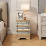 Baked curved mirror nightstand with 3 drawers in modern wood finish, perfect for small bedroom