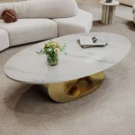 Goldoma Sculptural Coffee Table with Faux Marble Top and Stainless Steel Base