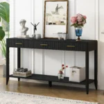 Black farmhouse console table 60 inch with 3 drawers and storage shelf in living room entryway