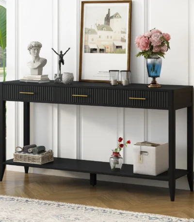 Black farmhouse console table 60 inch with 3 drawers and storage shelf in living room entryway