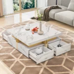 White marble coffee table with 4 drawers and nesting design in modern living room