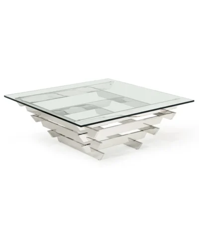 Goldoma 39-inch square glass coffee table with stainless steel sled base and lower shelf in a modern living room setting
