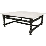 Goldoma 48 inch square genuine marble coffee table with white marble top and black wood base in living room