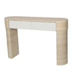 Modern solid oak console table with hidden drawers in an entryway