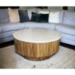 Goldoma 42 inch round marble coffee table with genuine ivory marble top and natural solid wood ribbed base in a modern living room