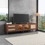 Goldoma 70.8 inch brown large media console with rattan drawers and cable management for TVs up to 80 inches