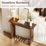 Goldoma solid wood walnut console table – slim mid-century entryway table with rubberwood in a modern living room setting.