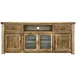 Large TV media console - Goldoma 80-inch brown distressed TV stand with solid pine wood, enclosed storage, and cable management for rustic living room