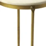 Antiqued gold and white marble round end table with distressed gold iron base and genuine marble top on white background