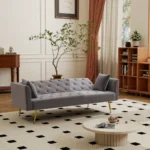 Modern 72-inch convertible sofa bed velvet tufted loveseat in beige, converted to bed mode in a living room