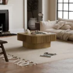 Goldoma modern square coffee table with storage in a living room, featuring a wood top and hidden compartment