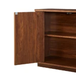 Modern TV stand with wave pattern design and adjustable shelves for TVs up to 64 inches, shown in natural wood finish