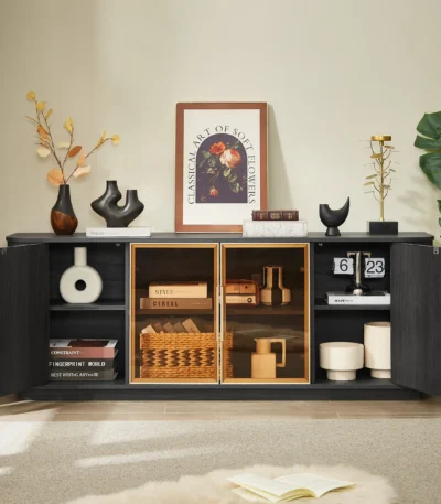 Goldoma Luxury Solid Wood Round Sideboard with Vertical Stripe Design in a living room setting