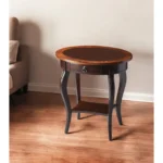 Goldoma brown wood oval coffee table with drawer and shelf in a farmhouse living room