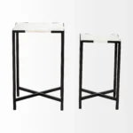 Goldoma 24 inch farmhouse marble end table with white marble top and black abstract iron base in living room setting