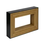 Goldoma modern console table in gray and black with layered wood frame and adjustable height, featuring 5 drawers and 6 shelves for storage.
