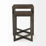 Goldoma brown solid wood square end table in living room with lamp and decor