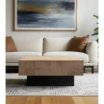 Goldoma 40" solid wood coffee table with brown top and black base, modern geometric design in a living room