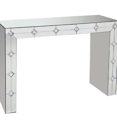 Goldoma modern mirrored console table with faux rhinestone accents in a living room entryway