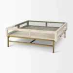 Goldoma 44 inch off-white glass top shadowbox coffee table with two drawers and gold legs in living room