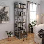 HMS 32" Light Brown Solid Wood Five-Tier Library Bookcase with Two Drawers Nickel Metal Accents