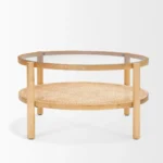 Goldoma round glass coffee table with solid wood frame and cane rattan shelf in living room