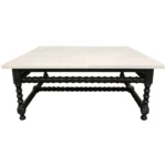 Goldoma 48 inch square genuine marble coffee table with white marble top and black wood base in living room