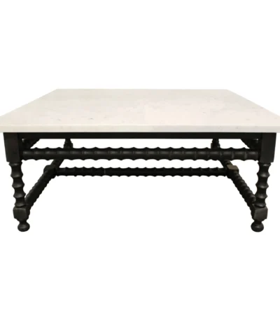 Goldoma 48 inch square genuine marble coffee table with white marble top and black wood base in living room