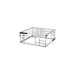 Goldoma 40-inch clear and silver glass coffee table with stainless steel frame in modern living room