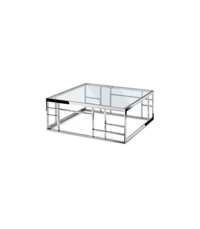 Goldoma 40-inch clear and silver glass coffee table with stainless steel frame in modern living room