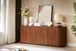 Modern TV stand with wave pattern design and adjustable shelves for TVs up to 64 inches, shown in natural wood finish