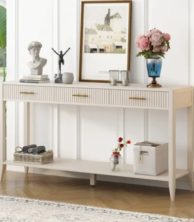 Goldoma modern solid wood console table with 3 drawers and shelves in entryway