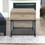 Goldoma Sandy Black and Oak Square End Table with Drawer and Shelf - 22" square side table for living room or bedroom